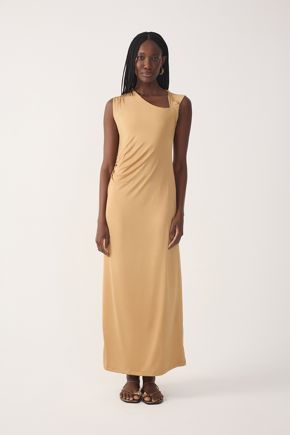Beige Jersey Twisted Shoulder Dress