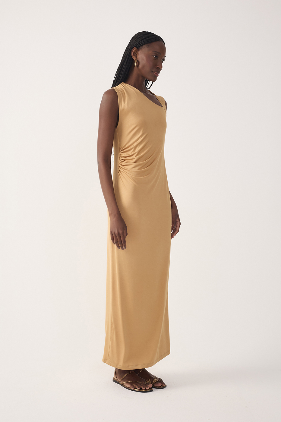 Beige Jersey Twisted Shoulder Dress