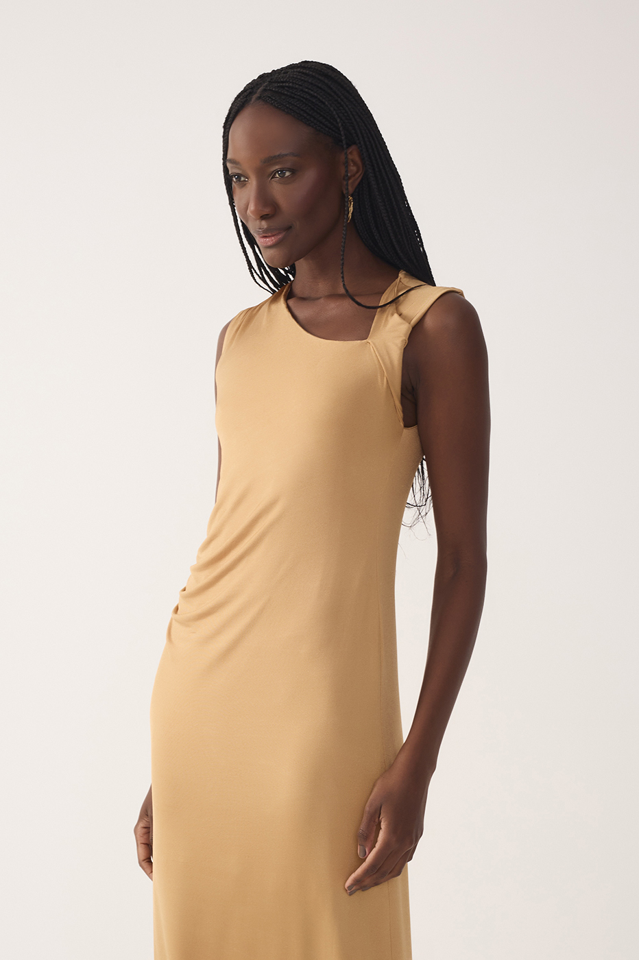 Beige Jersey Twisted Shoulder Dress