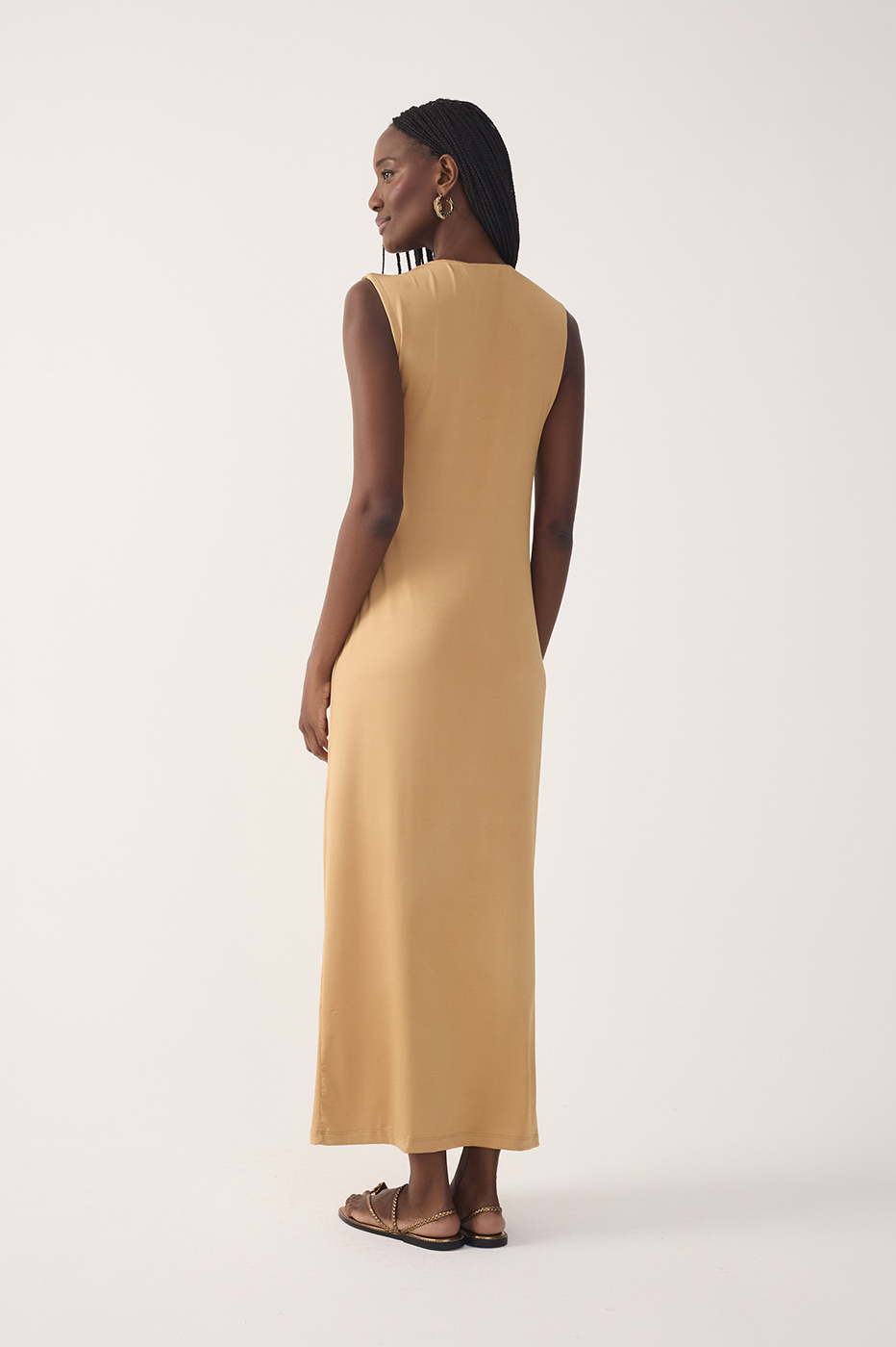 Beige Jersey Twisted Shoulder Dress