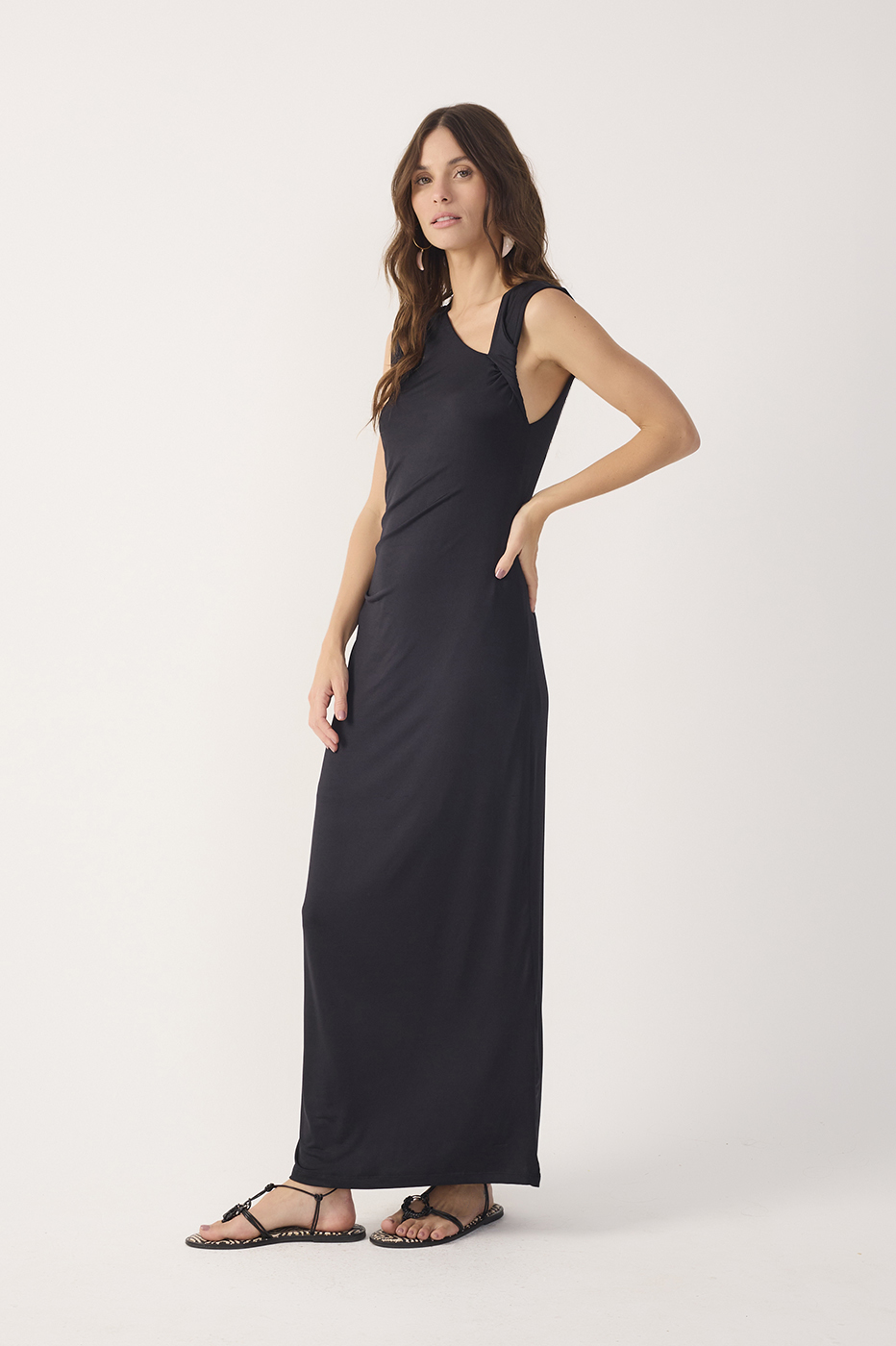 Black Jersey Twisted Shoulder Dress