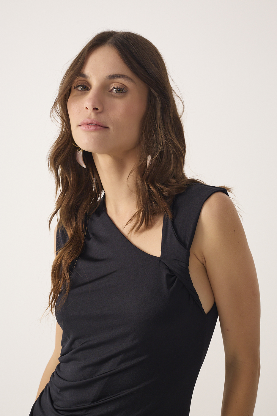 Black Jersey Twisted Shoulder Dress