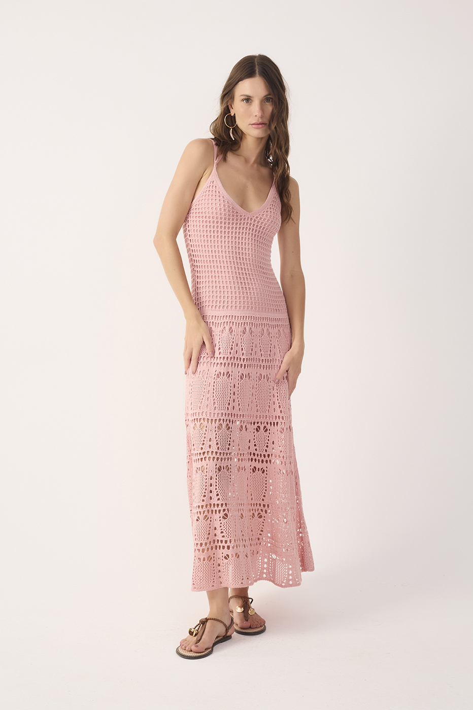 Pink V Neck Open Knit Maxi Dress