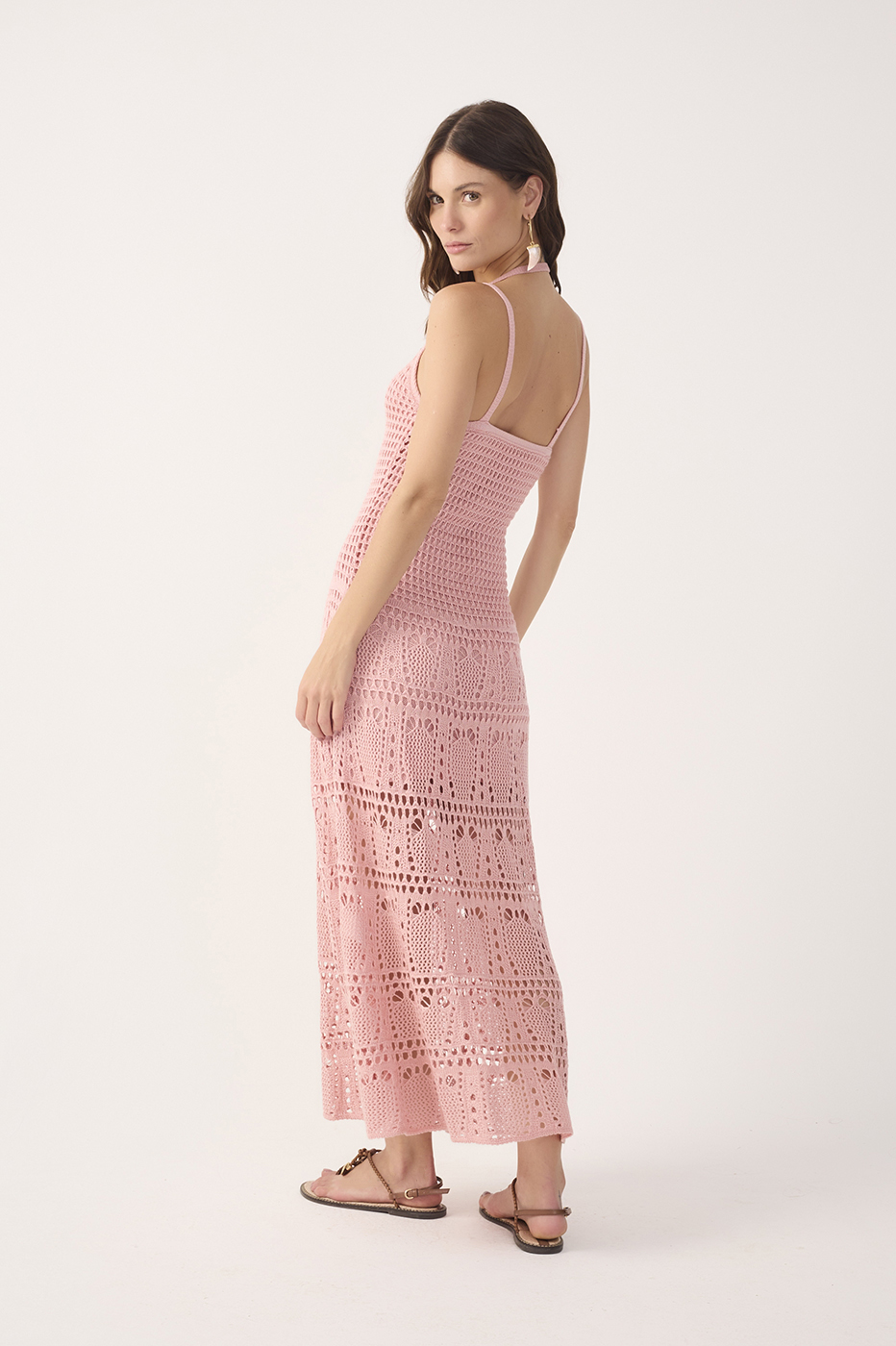 Pink V Neck Open Knit Maxi Dress
