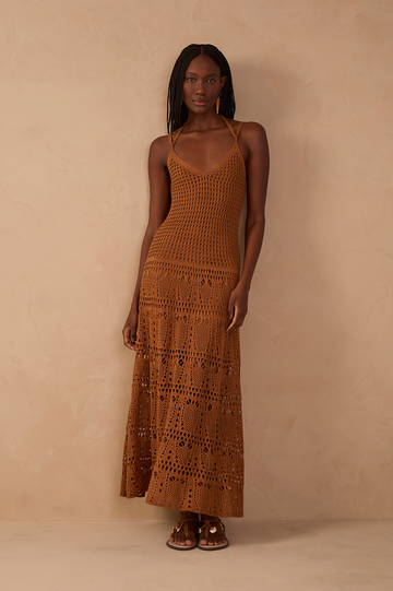 Brown V Neck Open Tricot Maxi Dress