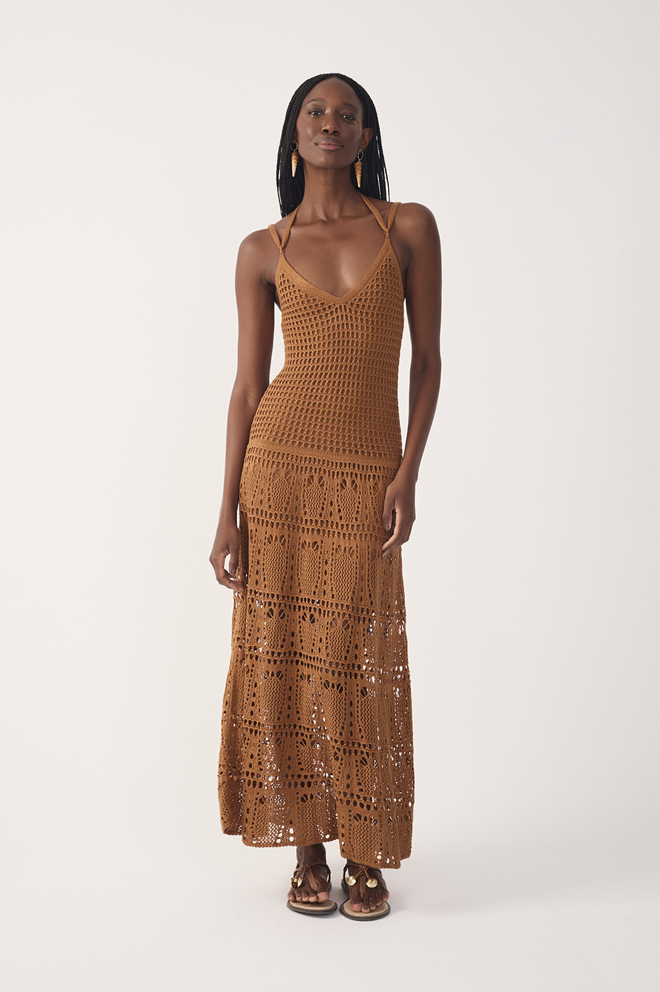 Brown V Neck Open Tricot Maxi Dress