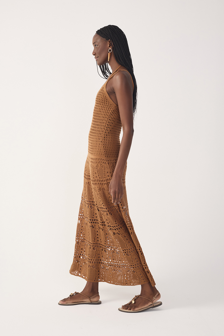 Brown V Neck Open Tricot Maxi Dress