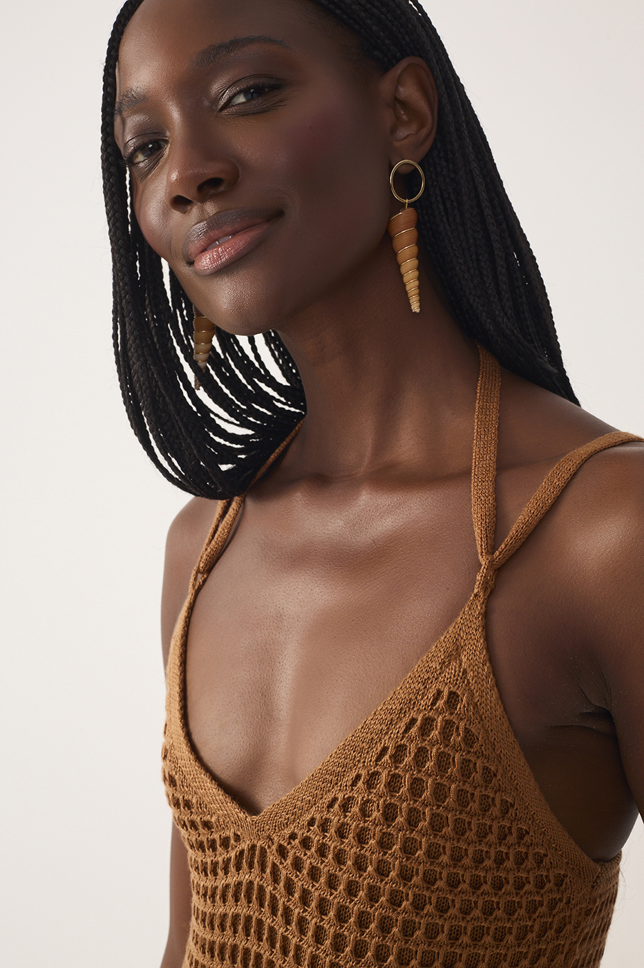 Brown V Neck Open Tricot Maxi Dress