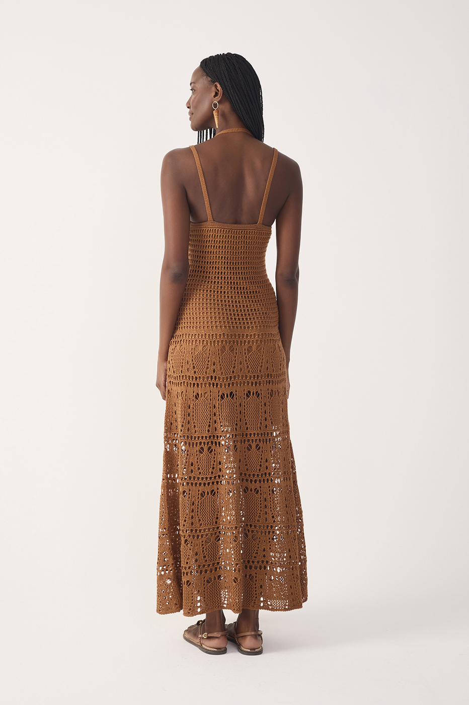 Brown V Neck Open Tricot Maxi Dress