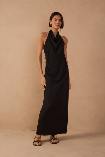 Black Ruched Halter Neck Maxi Dress
