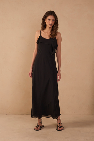 Cropped Crepe Neckline Ruffle Dress