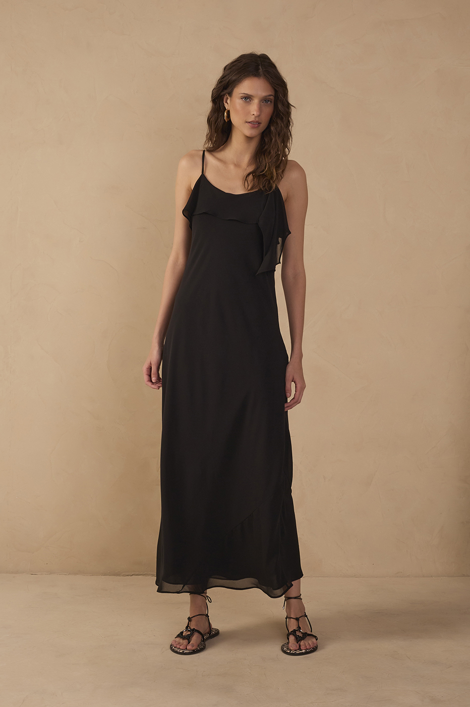 Cropped Crepe Neckline Ruffle Dress