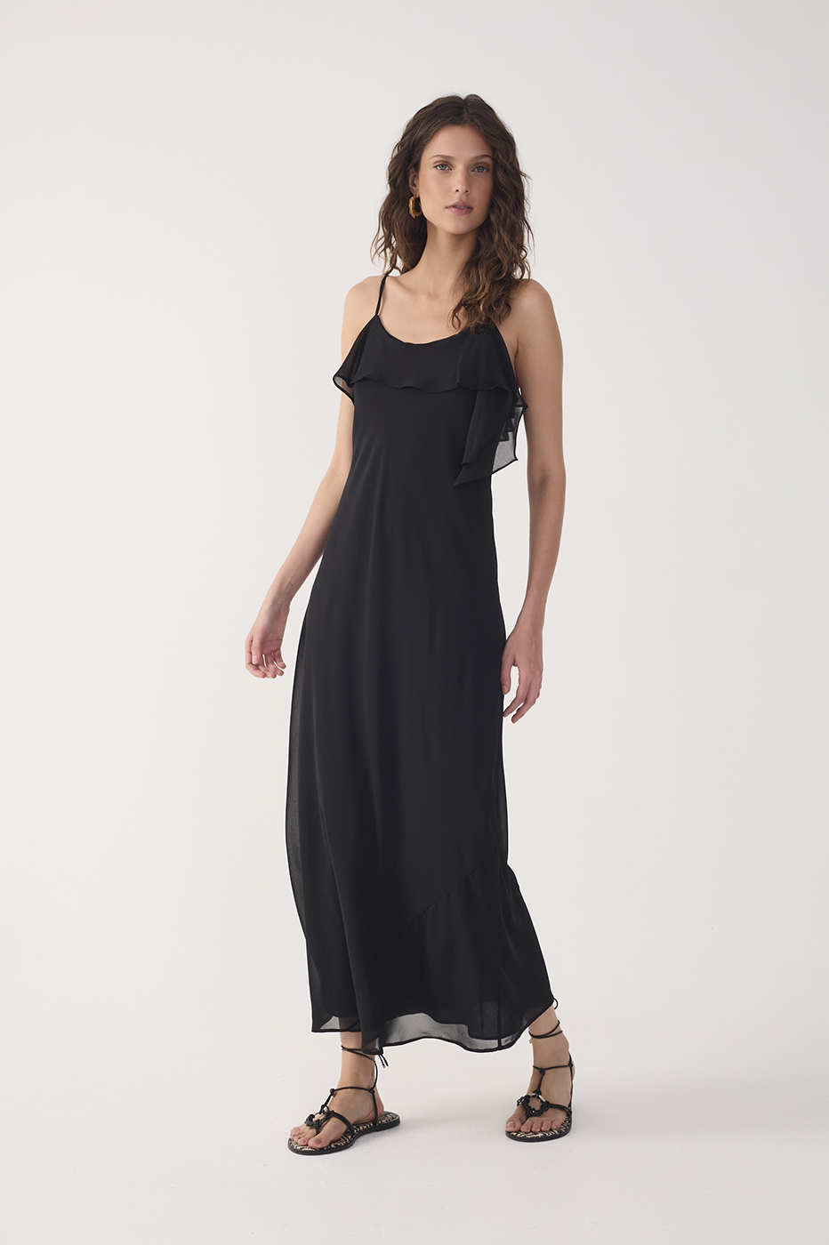 Cropped Crepe Neckline Ruffle Dress