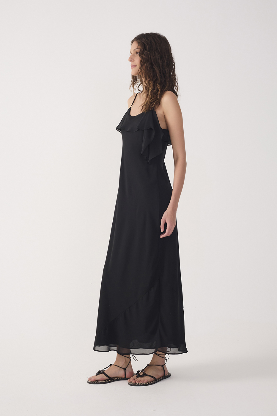 Cropped Crepe Neckline Ruffle Dress