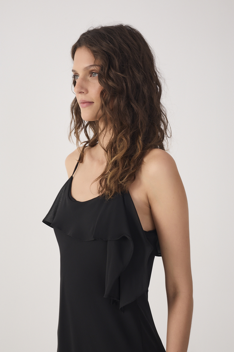Cropped Crepe Neckline Ruffle Dress