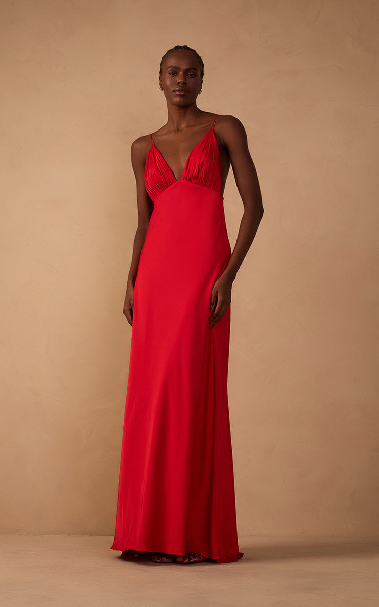 Sunset Red Draped Satin V-Neck Gown with Spaghetti Straps ¨C Thati Amorim Collection