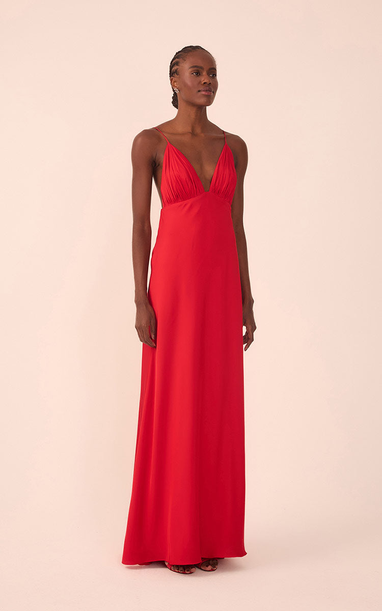 Sunset Red Draped Satin V-Neck Gown with Spaghetti Straps ¨C Thati Amorim Collection