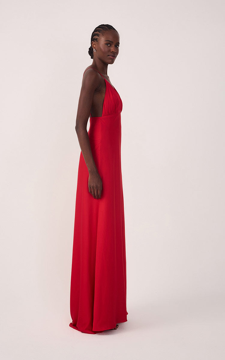 Sunset Red Draped Satin V-Neck Gown with Spaghetti Straps ¨C Thati Amorim Collection