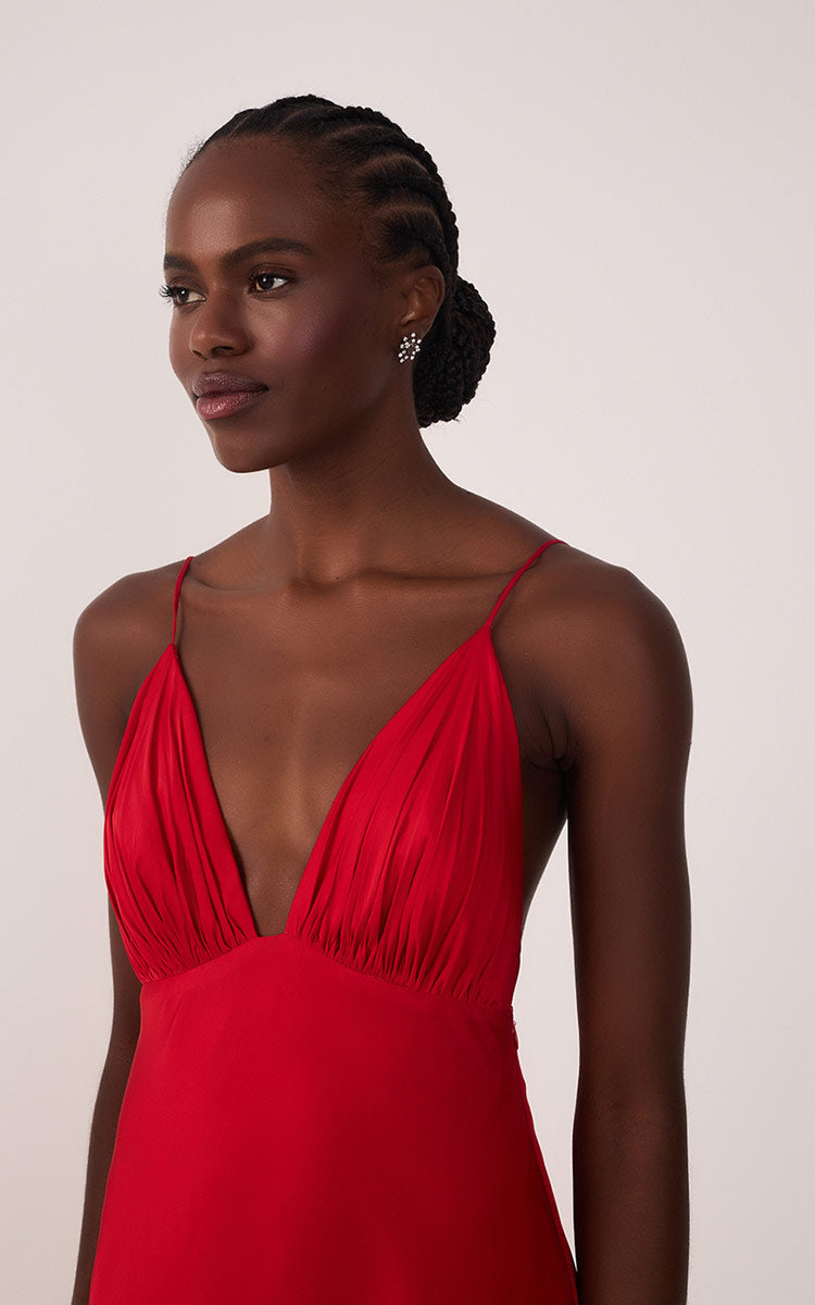 Sunset Red Draped Satin V-Neck Gown with Spaghetti Straps ¨C Thati Amorim Collection