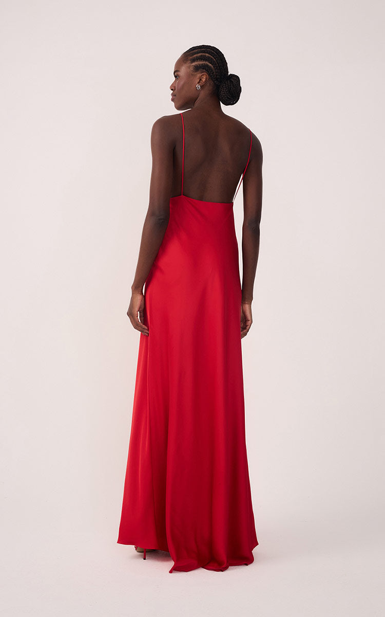 Sunset Red Draped Satin V-Neck Gown with Spaghetti Straps ¨C Thati Amorim Collection