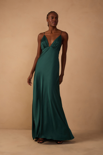 Pomar Green Draped Satin V-Neck Gown with Spaghetti Straps ¨C Thati Amorim Collection