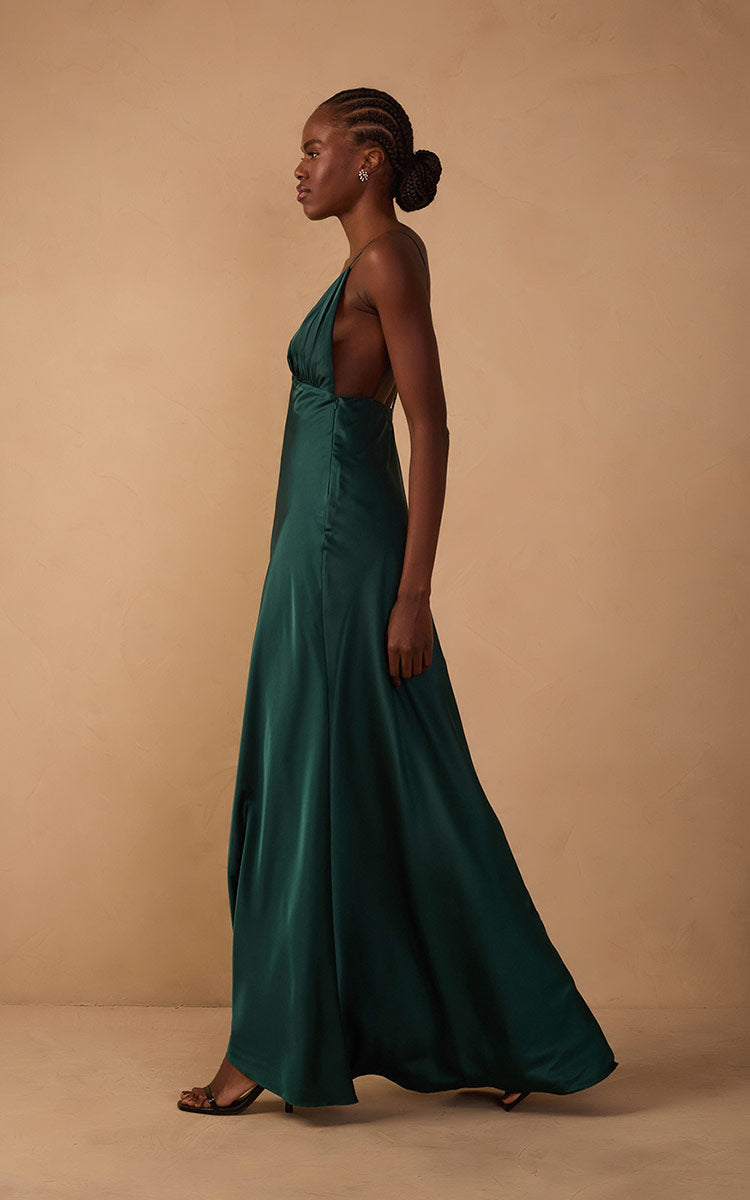 Pomar Green Draped Satin V-Neck Gown with Spaghetti Straps ¨C Thati Amorim Collection