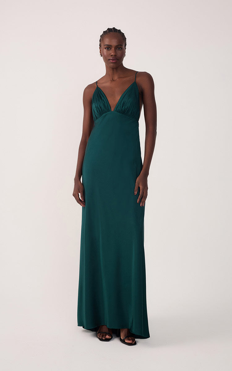Pomar Green Draped Satin V-Neck Gown with Spaghetti Straps ¨C Thati Amorim Collection
