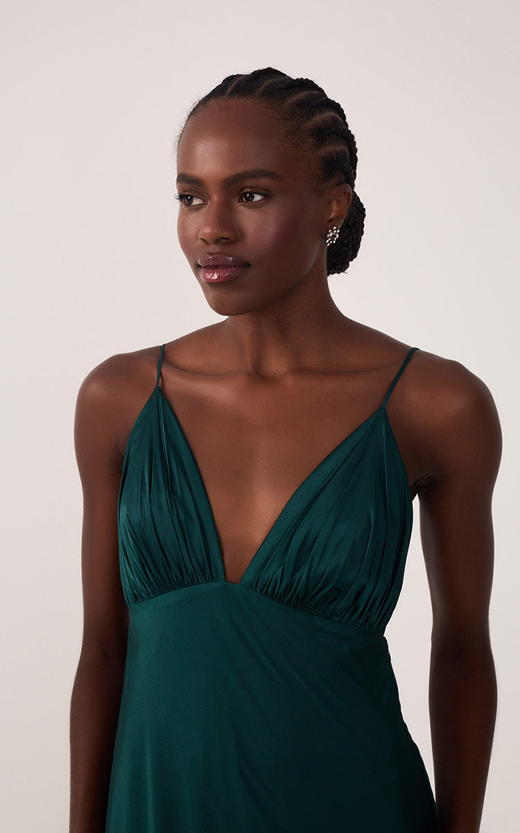 Pomar Green Draped Satin V-Neck Gown with Spaghetti Straps ¨C Thati Amorim Collection