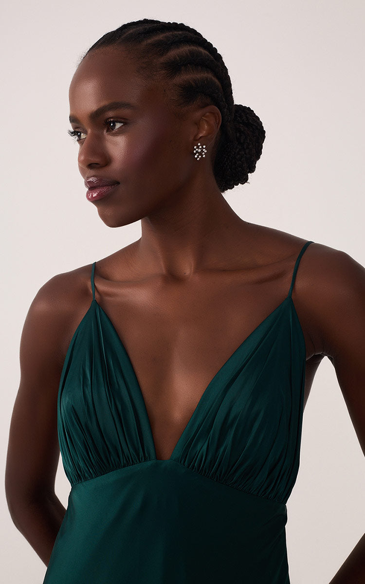 Pomar Green Draped Satin V-Neck Gown with Spaghetti Straps ¨C Thati Amorim Collection