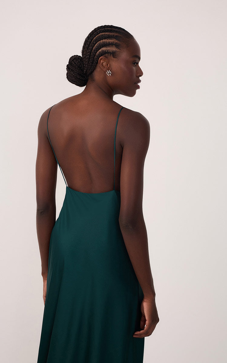 Pomar Green Draped Satin V-Neck Gown with Spaghetti Straps ¨C Thati Amorim Collection