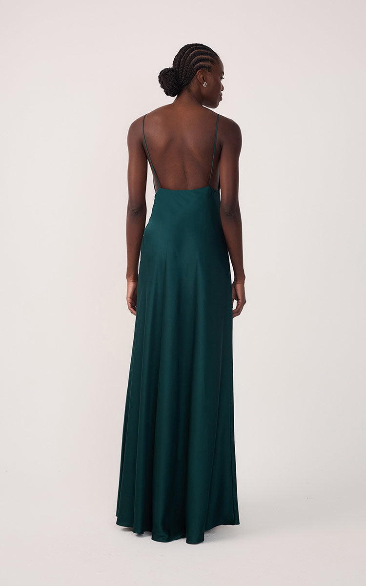 Pomar Green Draped Satin V-Neck Gown with Spaghetti Straps ¨C Thati Amorim Collection