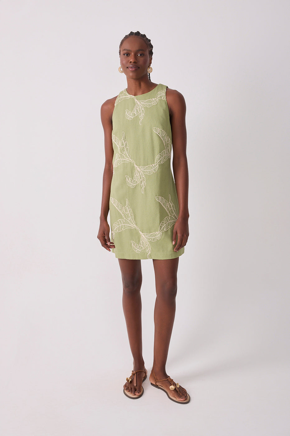 Short Linen Leaf Embroidery Dress