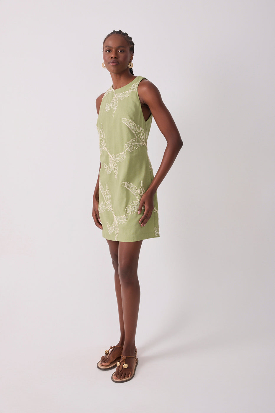 Short Linen Leaf Embroidery Dress