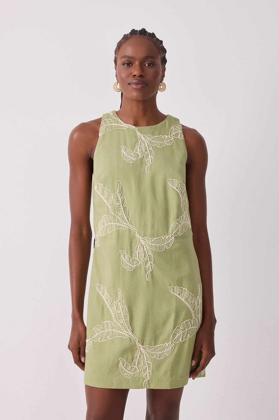 Short Linen Leaf Embroidery Dress