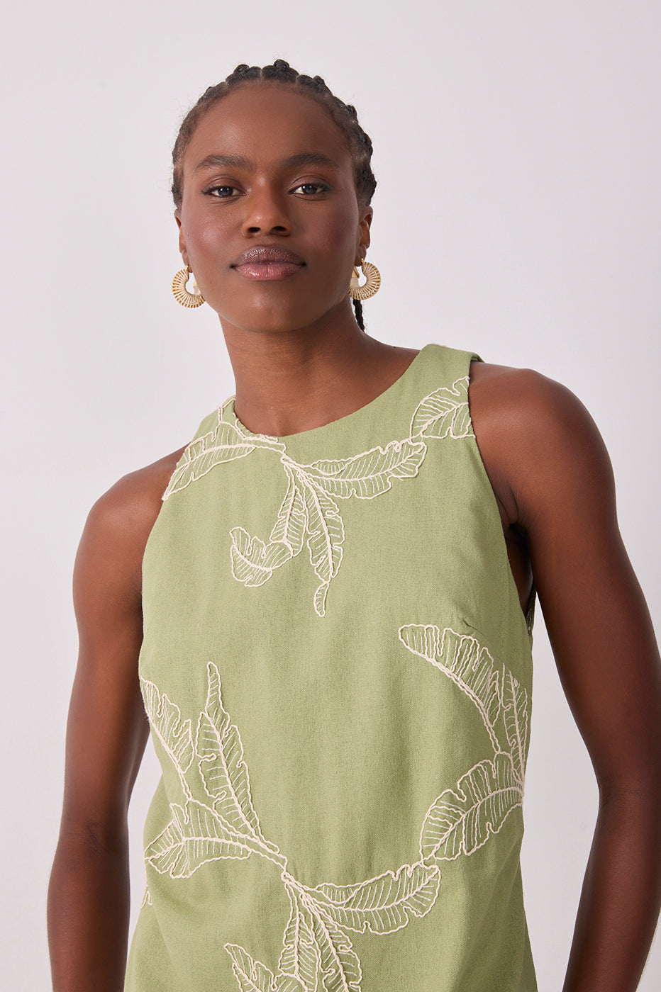 Short Linen Leaf Embroidery Dress