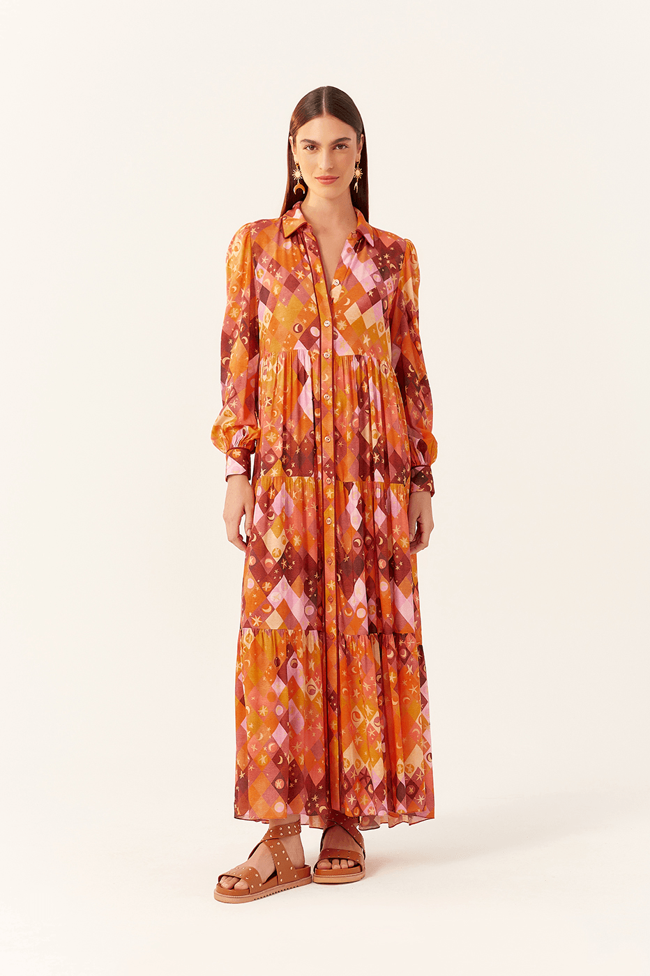 Orange Luna Buttoned Tiered Maxi Dress
