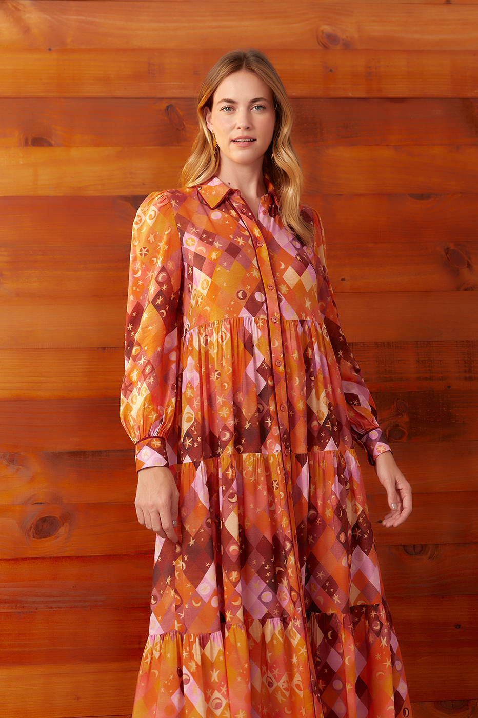 Orange Luna Buttoned Tiered Maxi Dress