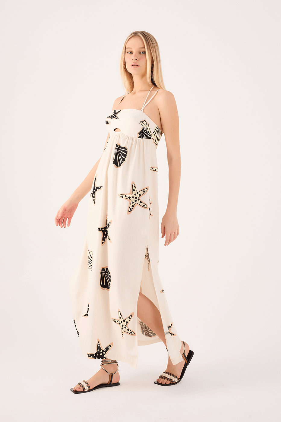 Cropped Linen Marinha Print Dress