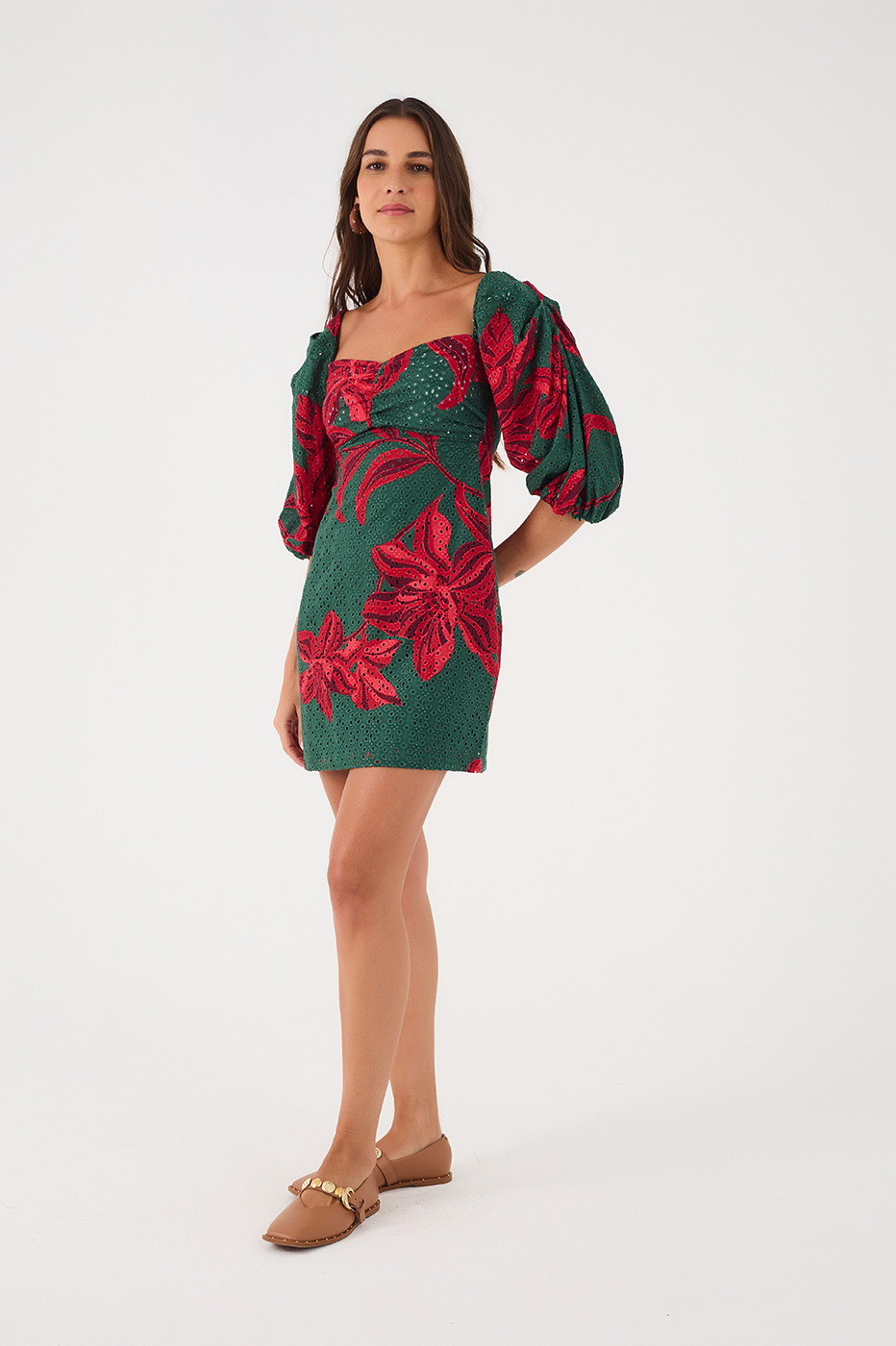 Green Botanico Puff Sleeve Smocked Bodice Eyelet Mini Dress