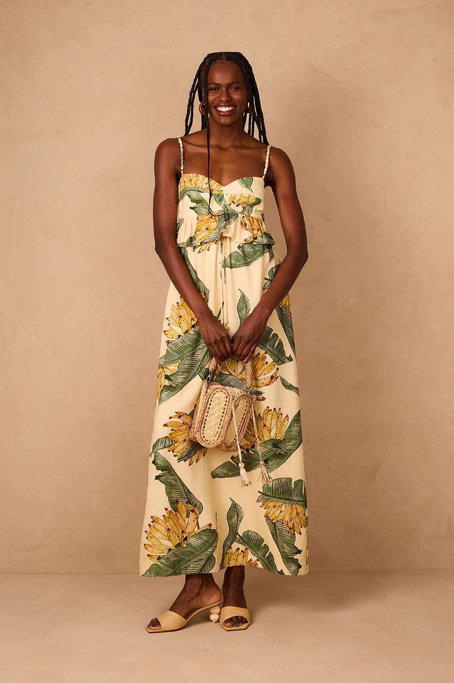 Linen Midi Dress with Paradise Print