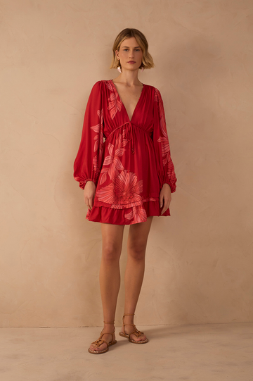 Red Orchid Plunging Neck Drawstring Waist Mini Dress