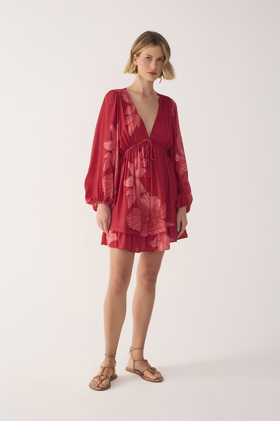 Red Orchid Plunging Neck Drawstring Waist Mini Dress