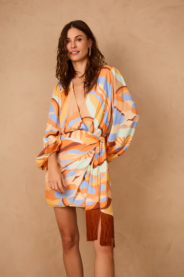 Sunset Print Wrap Fringe Dress