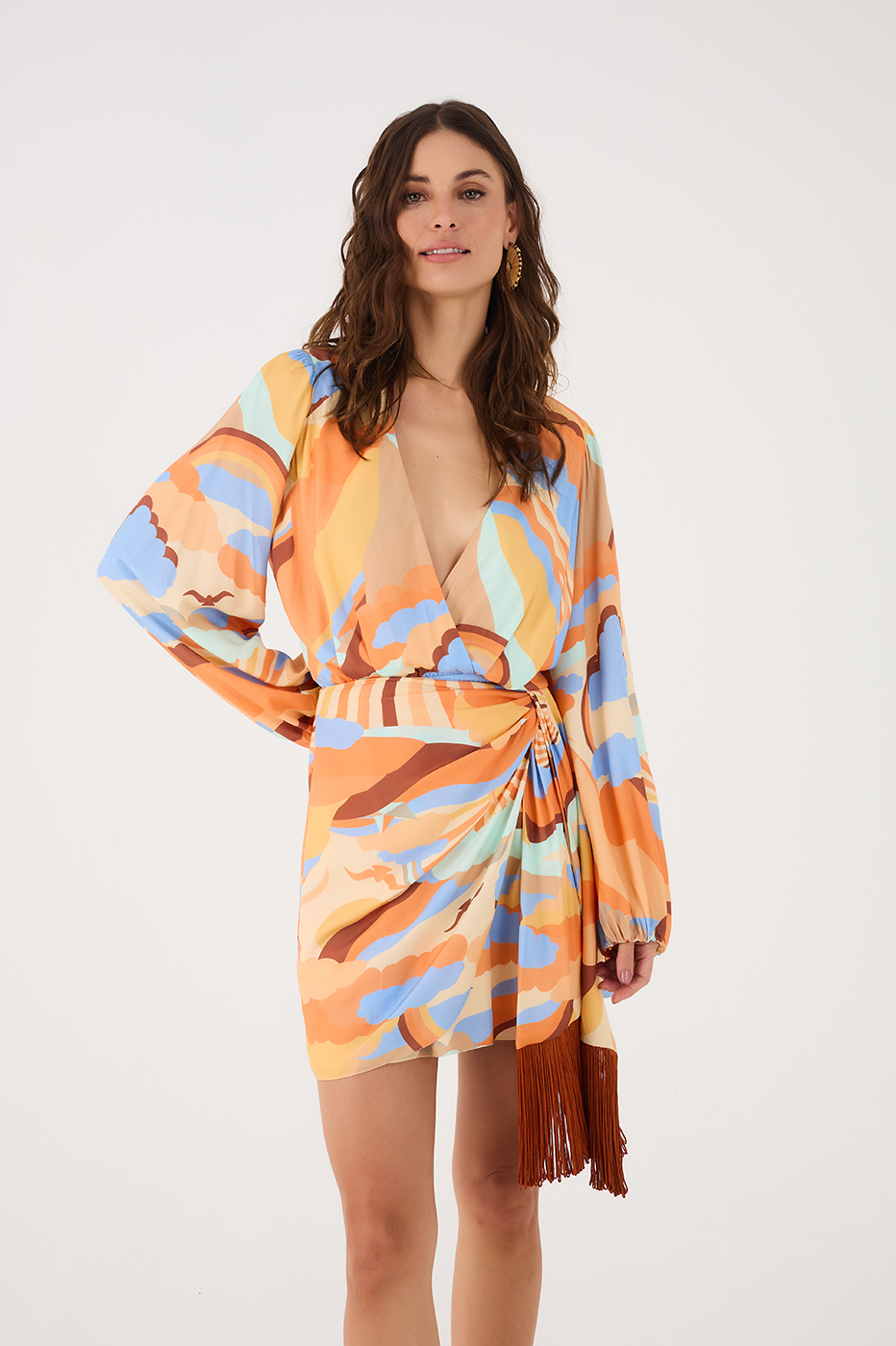 Sunset Print Wrap Fringe Dress