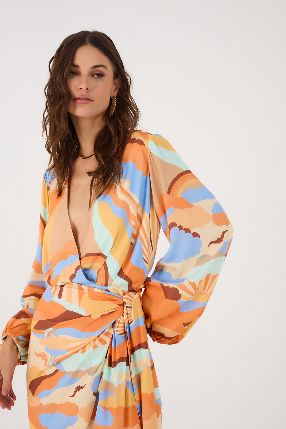 Sunset Print Wrap Fringe Dress