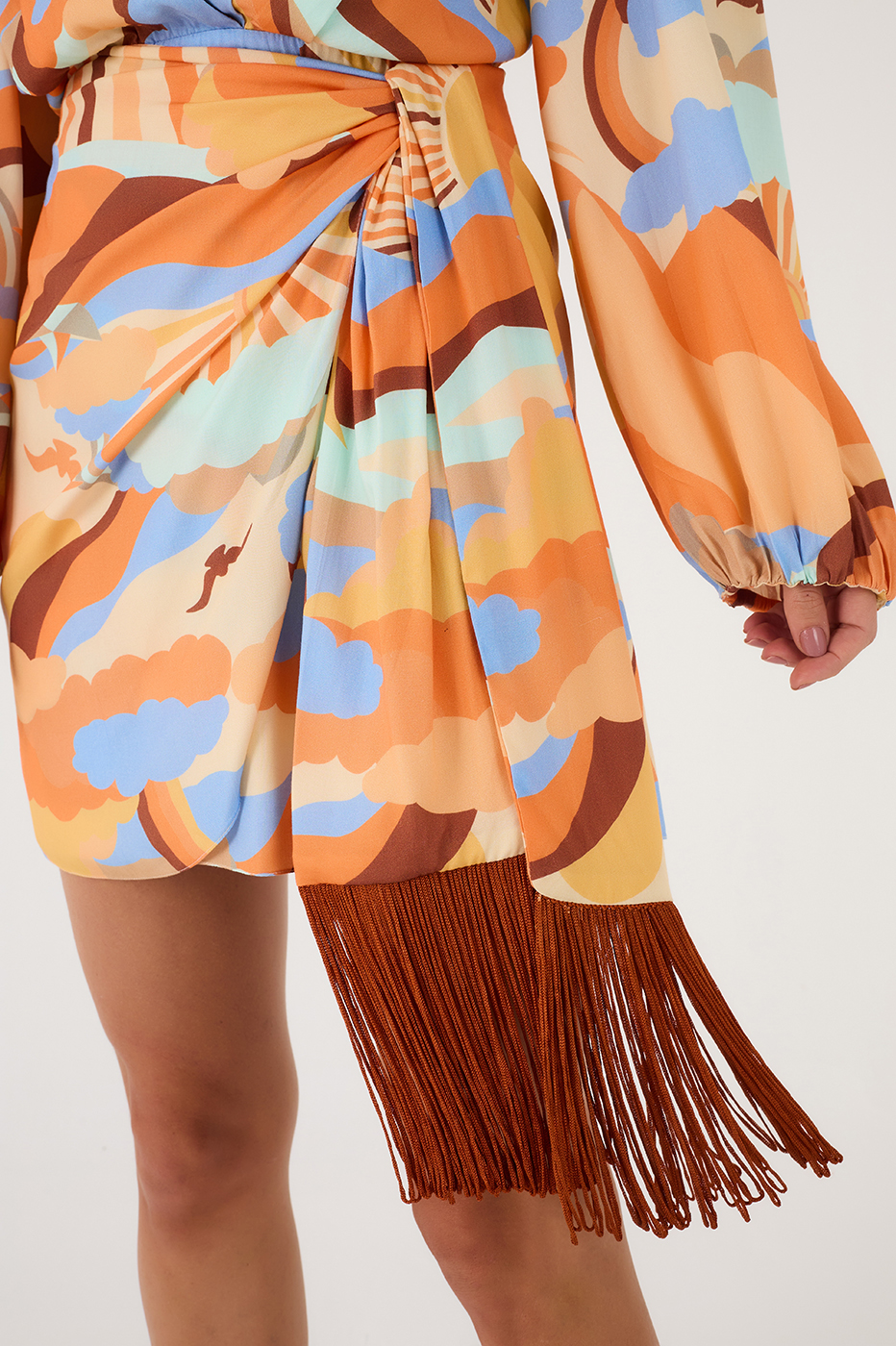 Sunset Print Wrap Fringe Dress