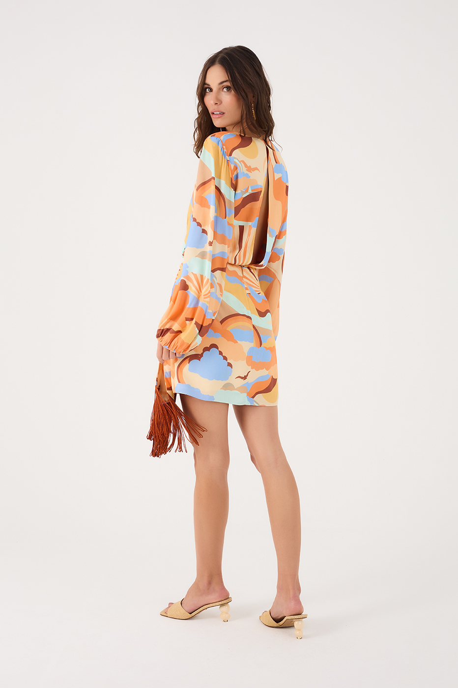 Sunset Print Wrap Fringe Dress
