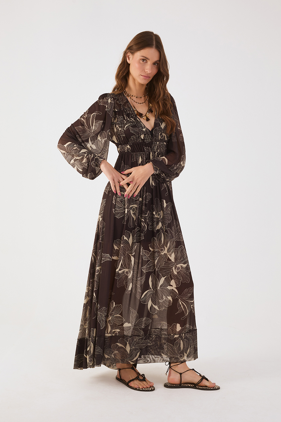 Brown Flora Tulle Maxi Dress