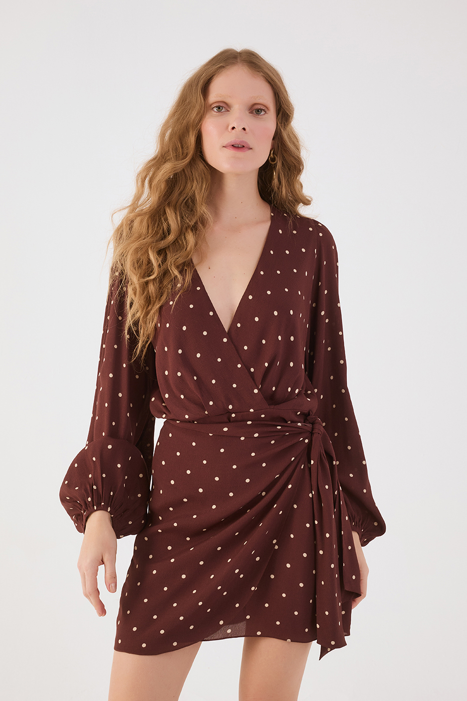 Brown Noite Wrap Crepe Mini Dress