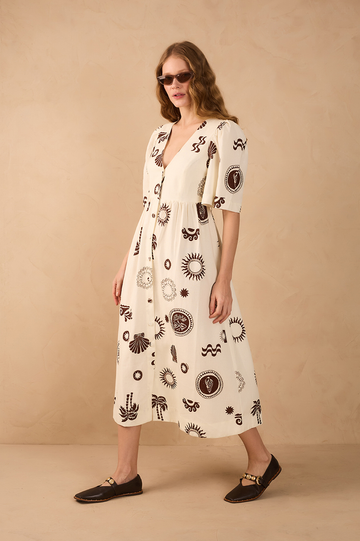 Off-White Sol Rio V Neck Buttoned Short Sleeve Maxi Dress
